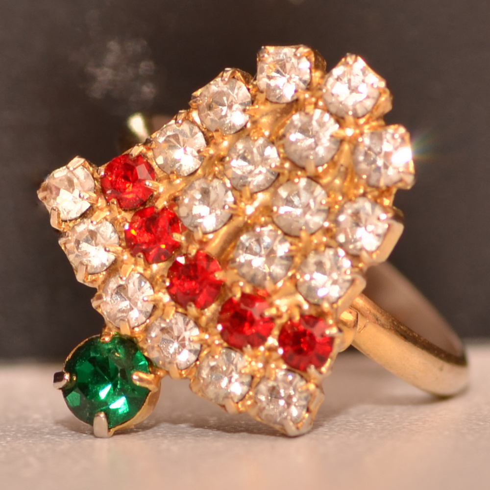 vintage rhinestone Christmas bell adjustable ring